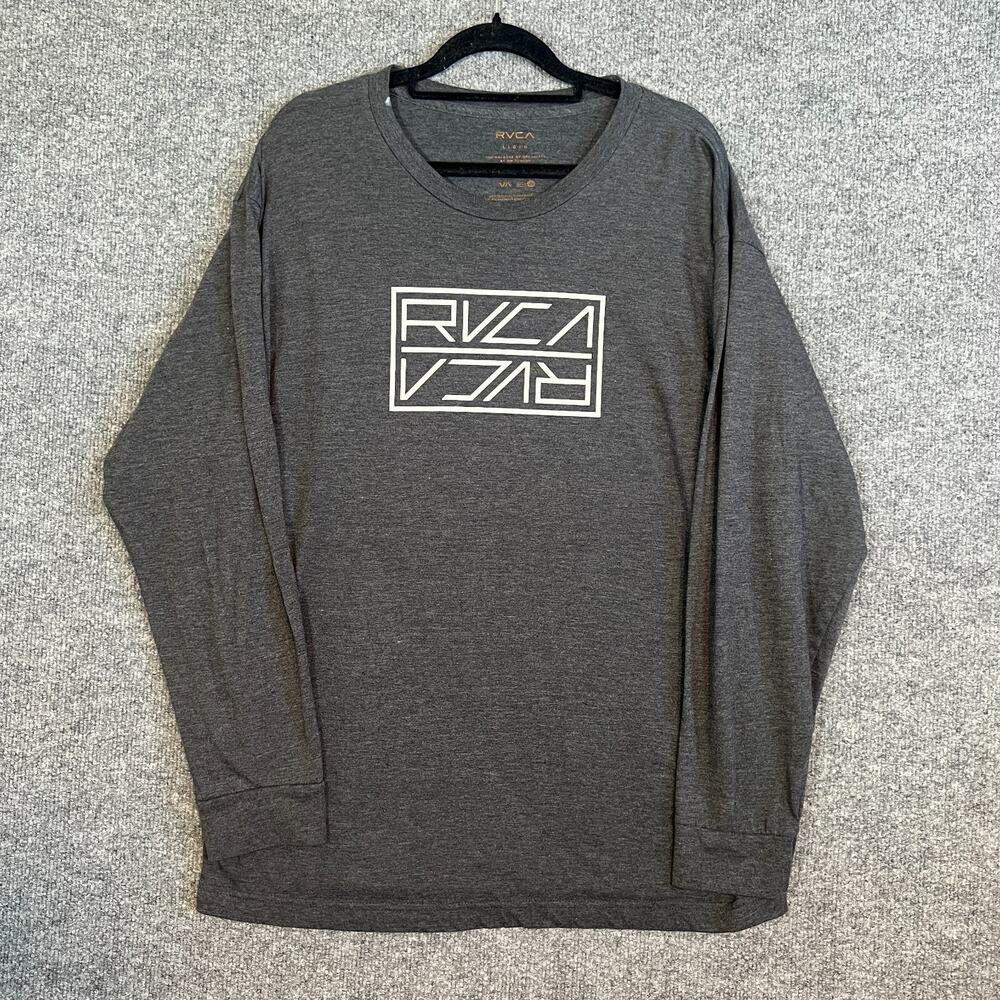 RVCA Shirt Mens Large Gray Long Sleeve Tshirt Logo Crewneck Stretch Flaw